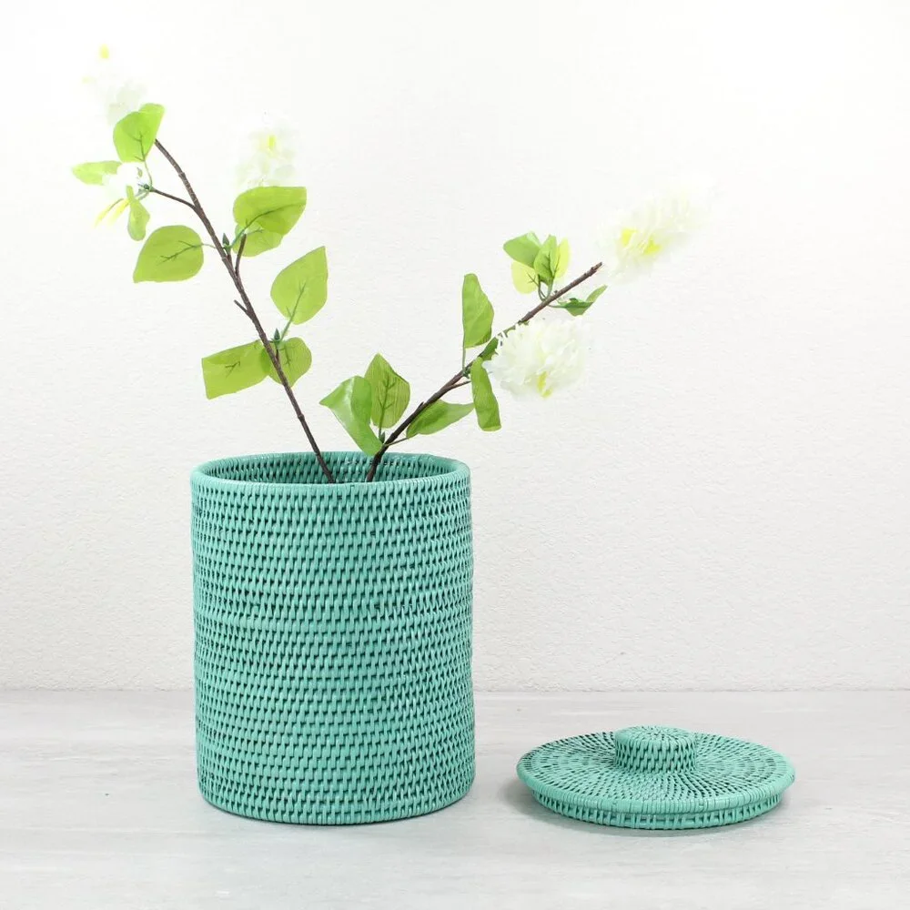 NEW Tight Woven Rattan Waste Basket Bin w Lid (with Plastic Insert)-Turquoise